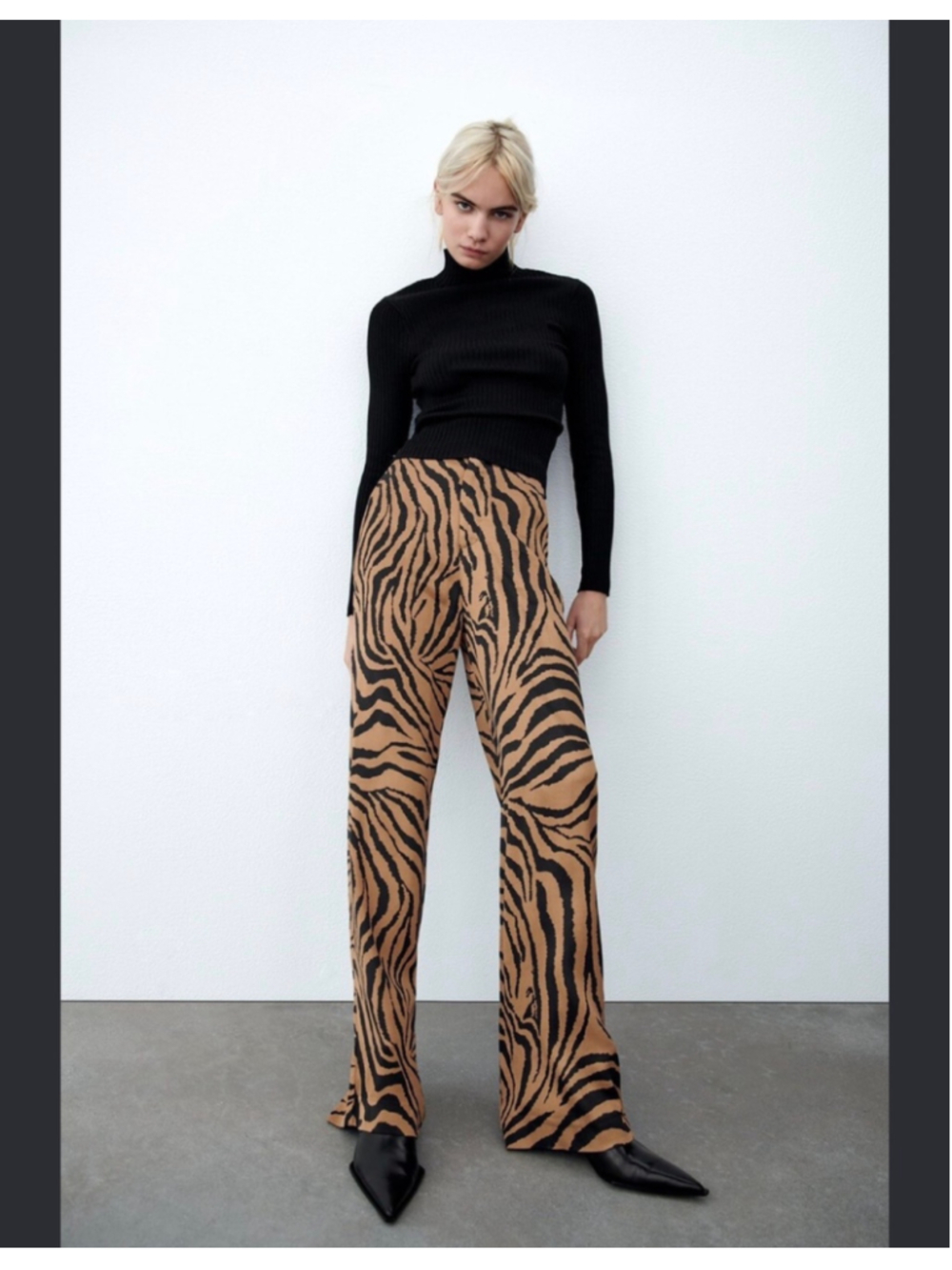 Zara Flare Pants Zebra Print Size M Brown Black Satin Wide Leg
